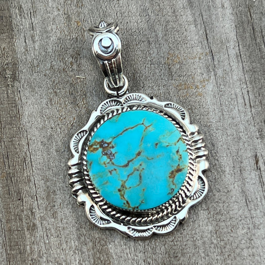 Kingman Turquoise Pendant Sterling silver Navajo handmade Jeremy Delgarito 550