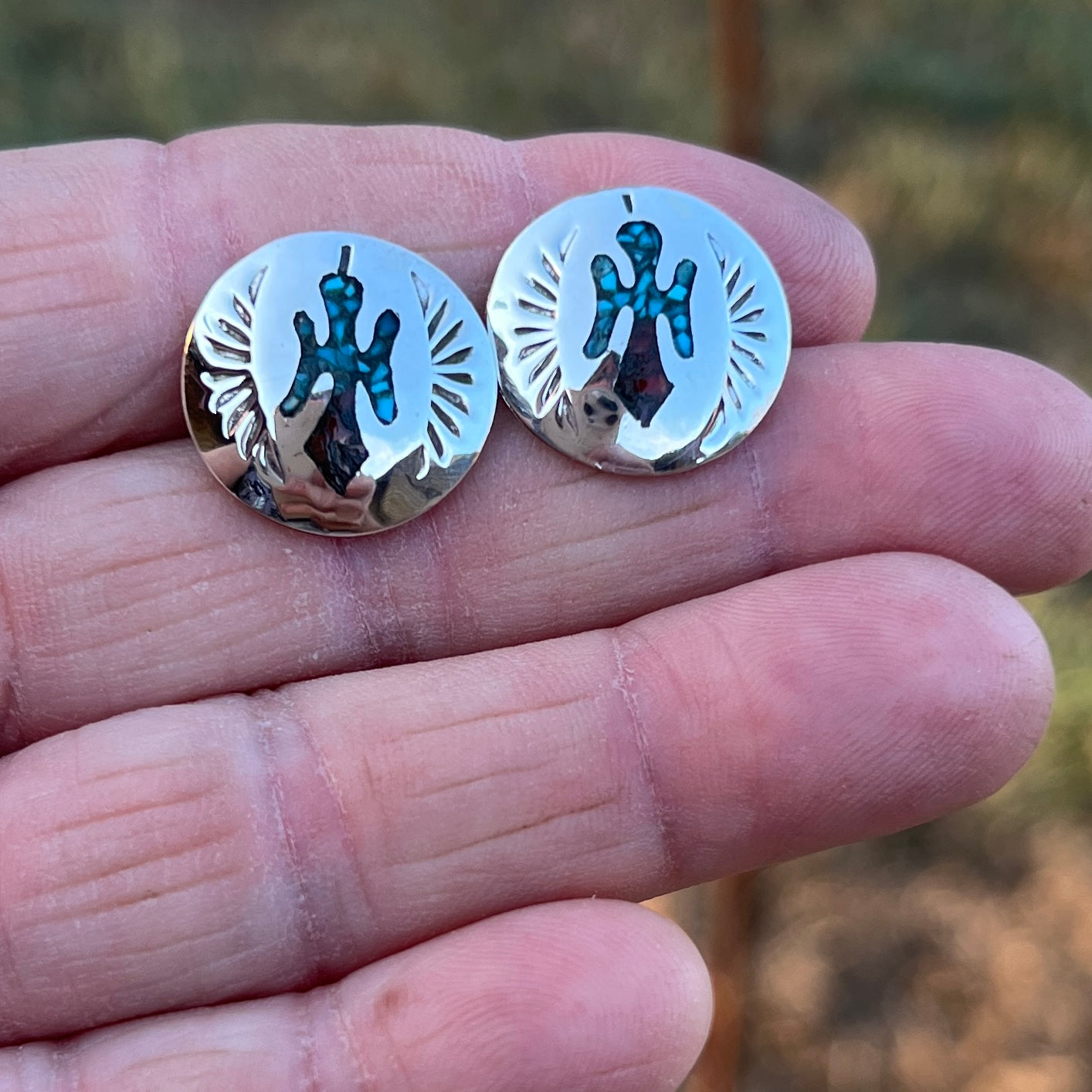 Turquoise Chip inlay Peyote bird small concho earrings Sterling silver Sally Shurley 439