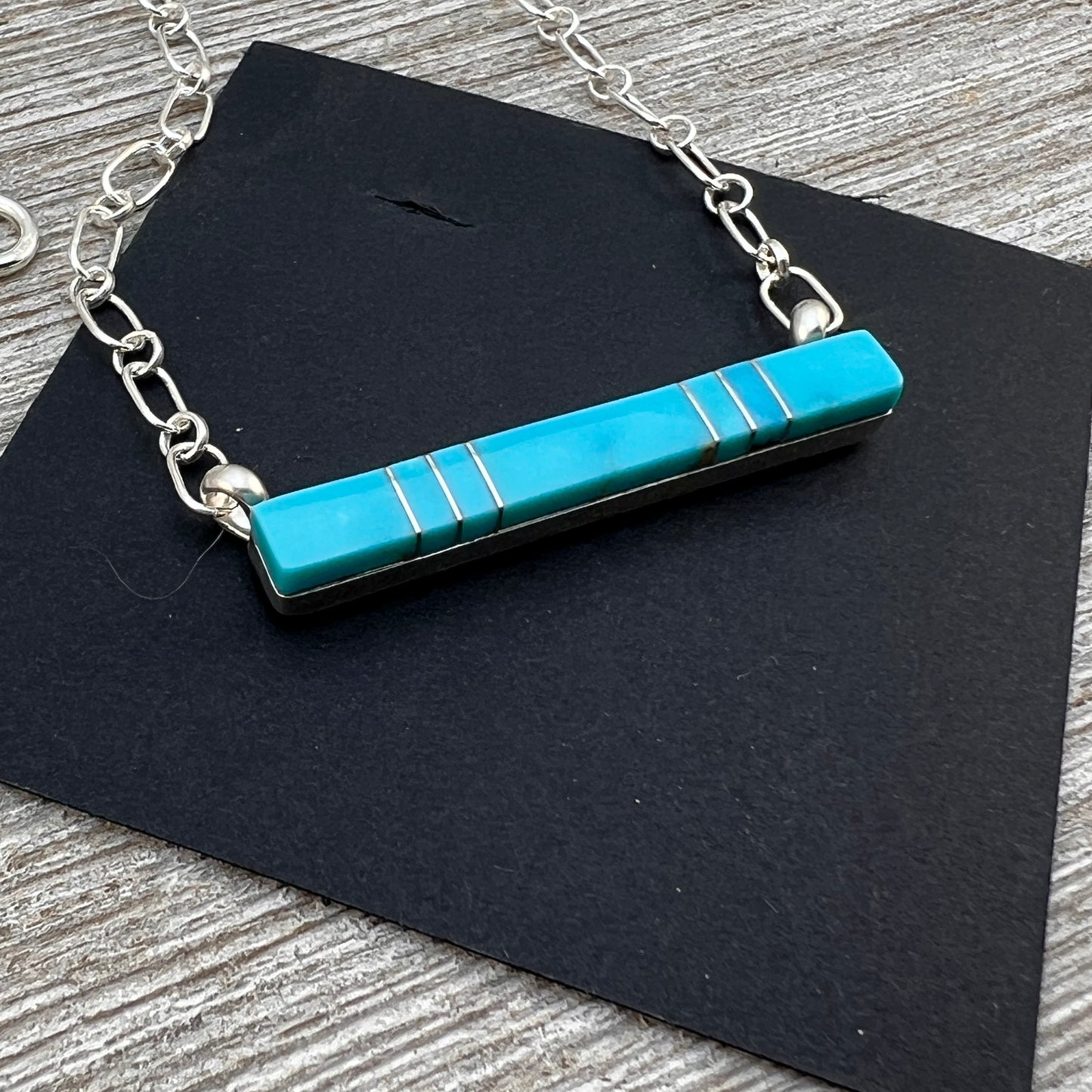 Blue Kingman Turquoise Bar Necklace 1, Zuni MaDerral Kallestewa sterling silver 18 1/2"