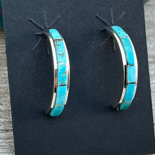 Small Turquoise 7/8" narrow turquoise zuni hoop earrings sterling silver Gloria Waseta 421