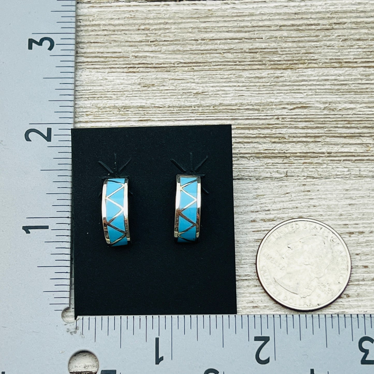 Small Turquoise inlay semi - hoop earrings Tina Haloo Zuni Sterling silver ER41