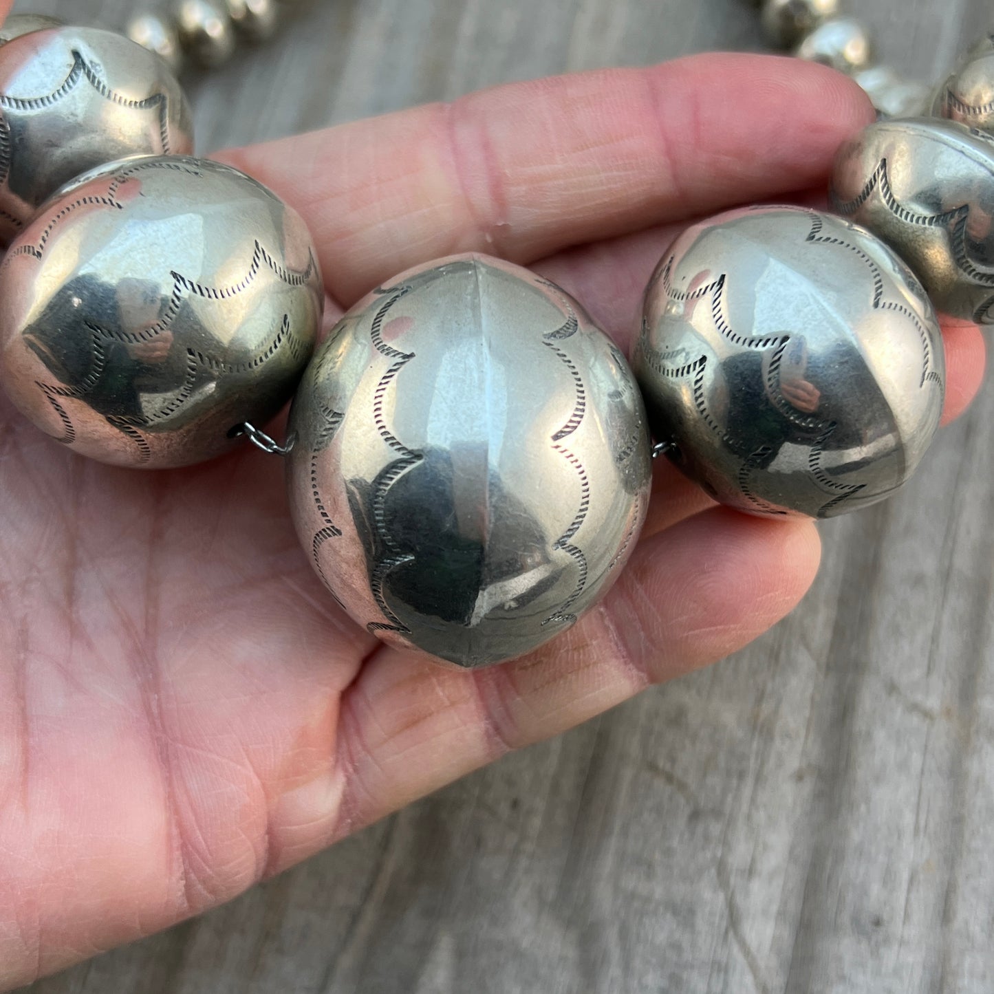 Vintage 28" large Navajo handmade bead necklace 7mm - 39mm sterling silver