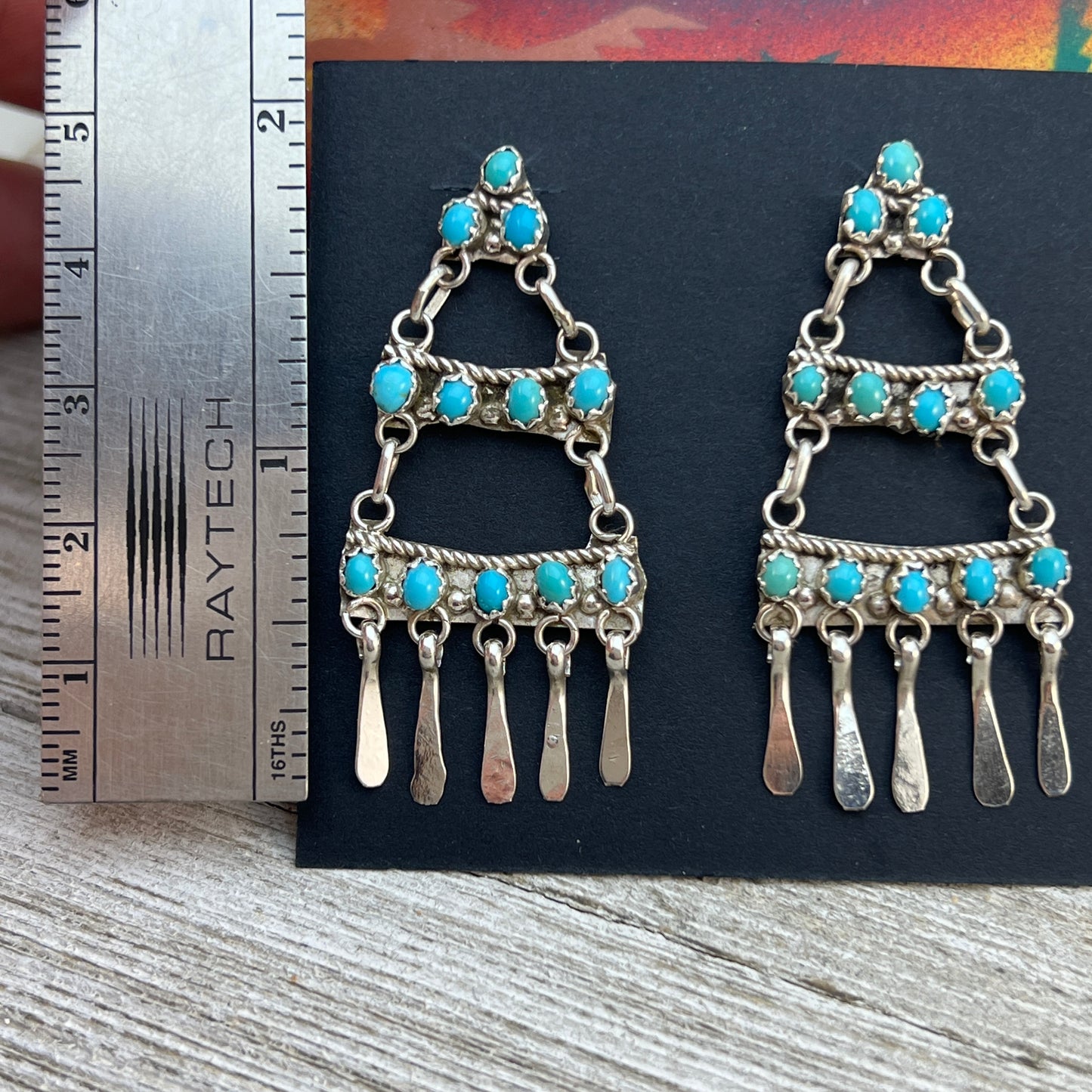 Zuni dot snake eye Turquoise 2" Chandelier long Earrings, Sterling Silver, Sylvia Chee