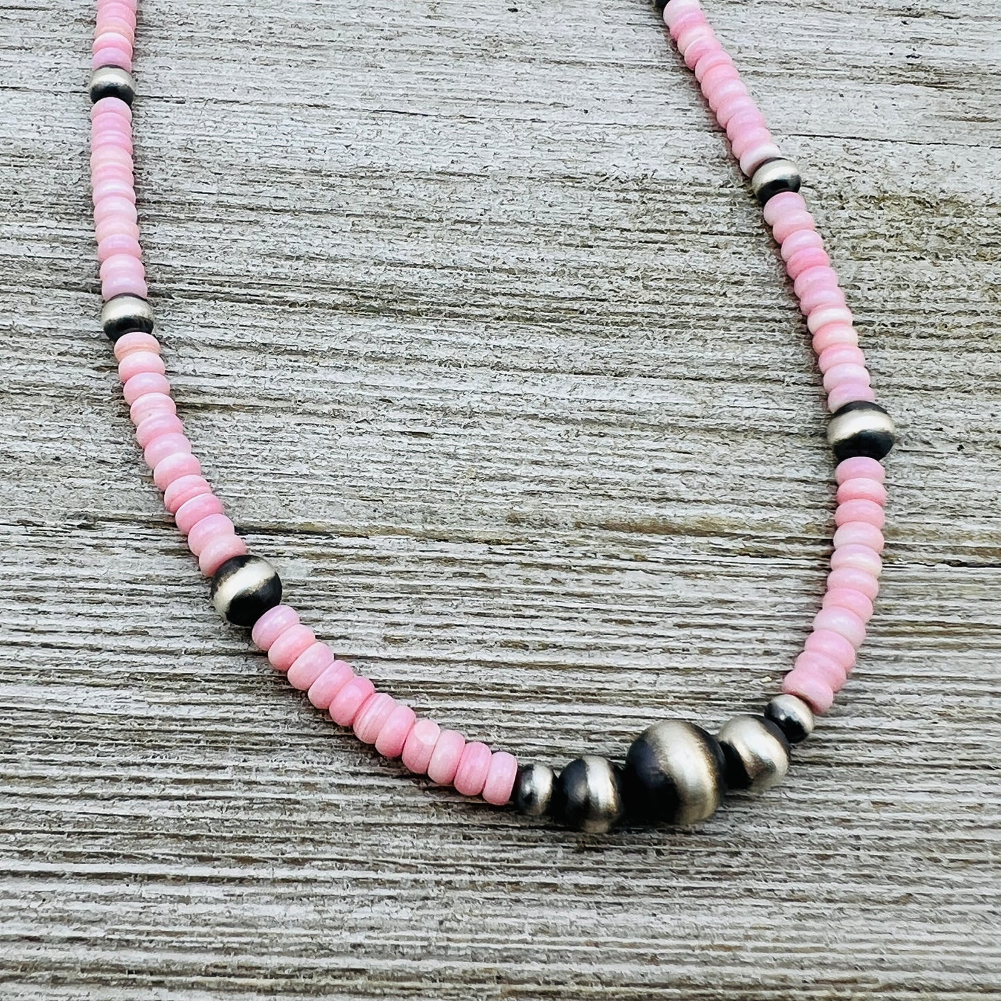 13" 14" 15" 16" 17" adjustable choker, Real Sterling Silver, oxidized, Pink Conch Bead Necklace, Western Boho Pearl