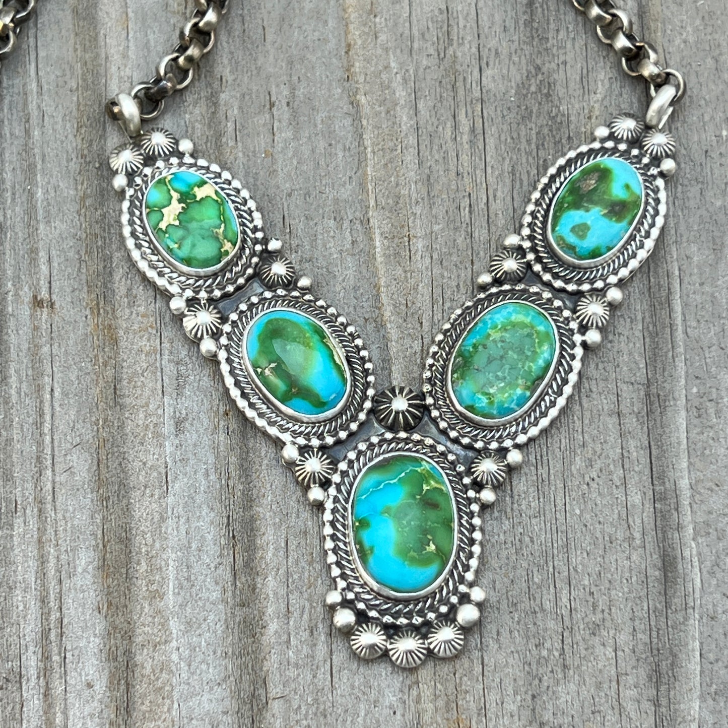18" Polychrome Sonoran Turquoise Heavy Necklace Sterling Silver Tom Lewis Navajo 840