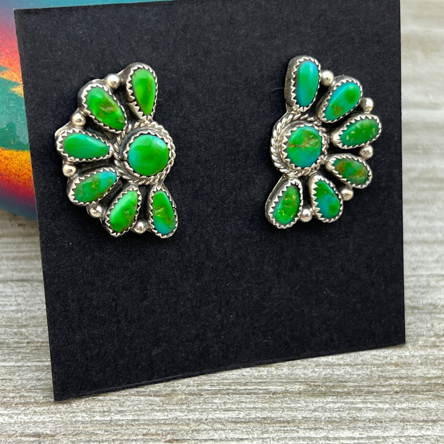Bright Green Sonoran Gold turquoise Half Cluster earrings Justina Wilson Navajo 878