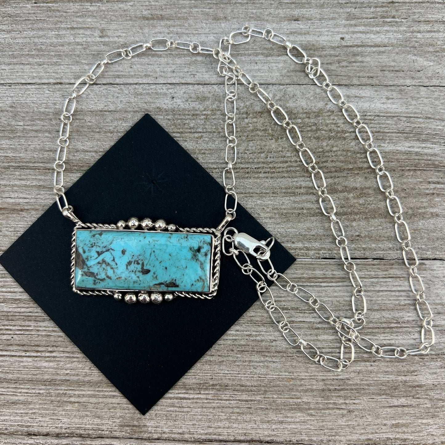 22" Light Blue Kingman turquoise rectangle bar necklace, #2 Navajo handmade Gilbert Smith, sterling silver