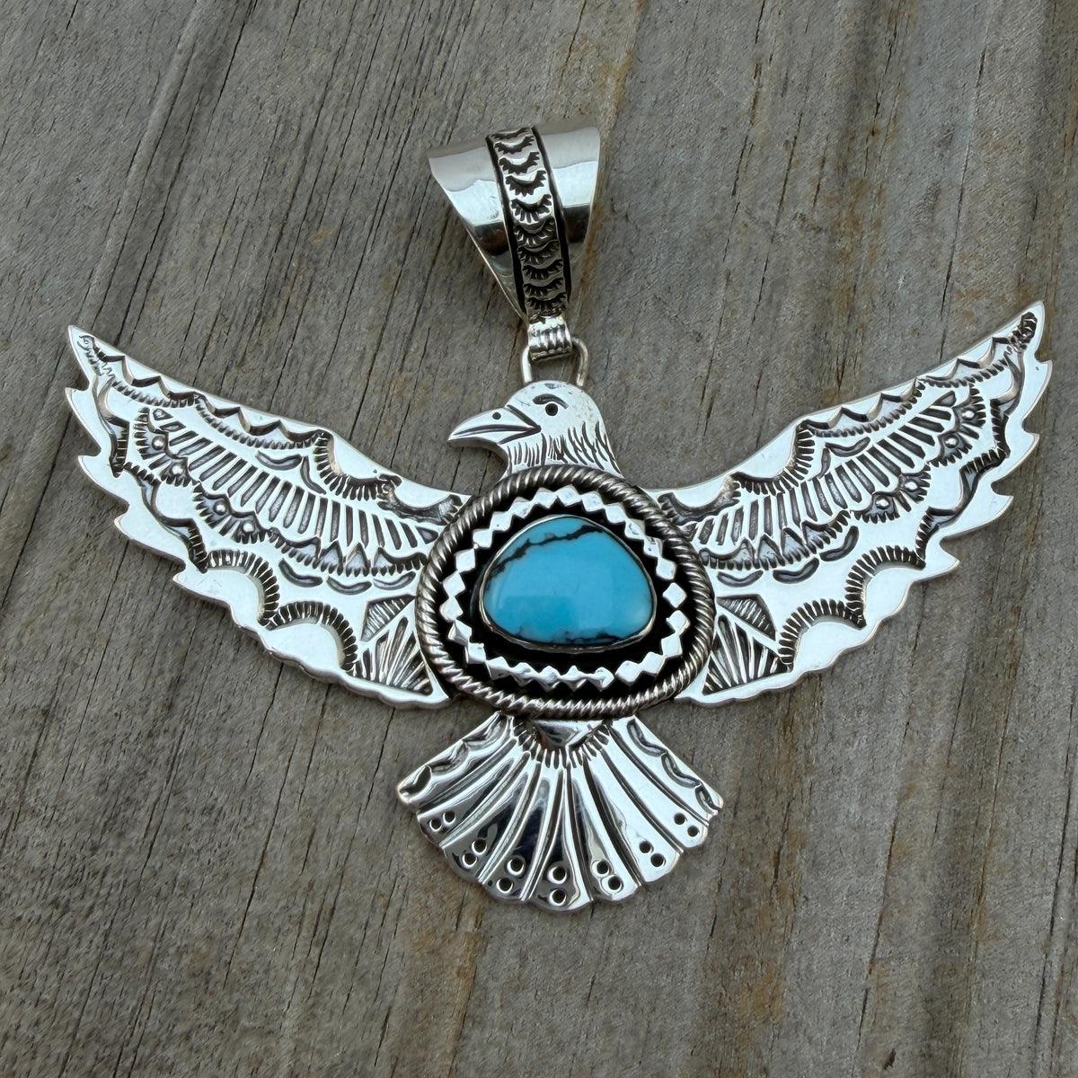 Turquoise Thunderbird Pendant hand stamped Jeremy Delgarito Navajo PD10