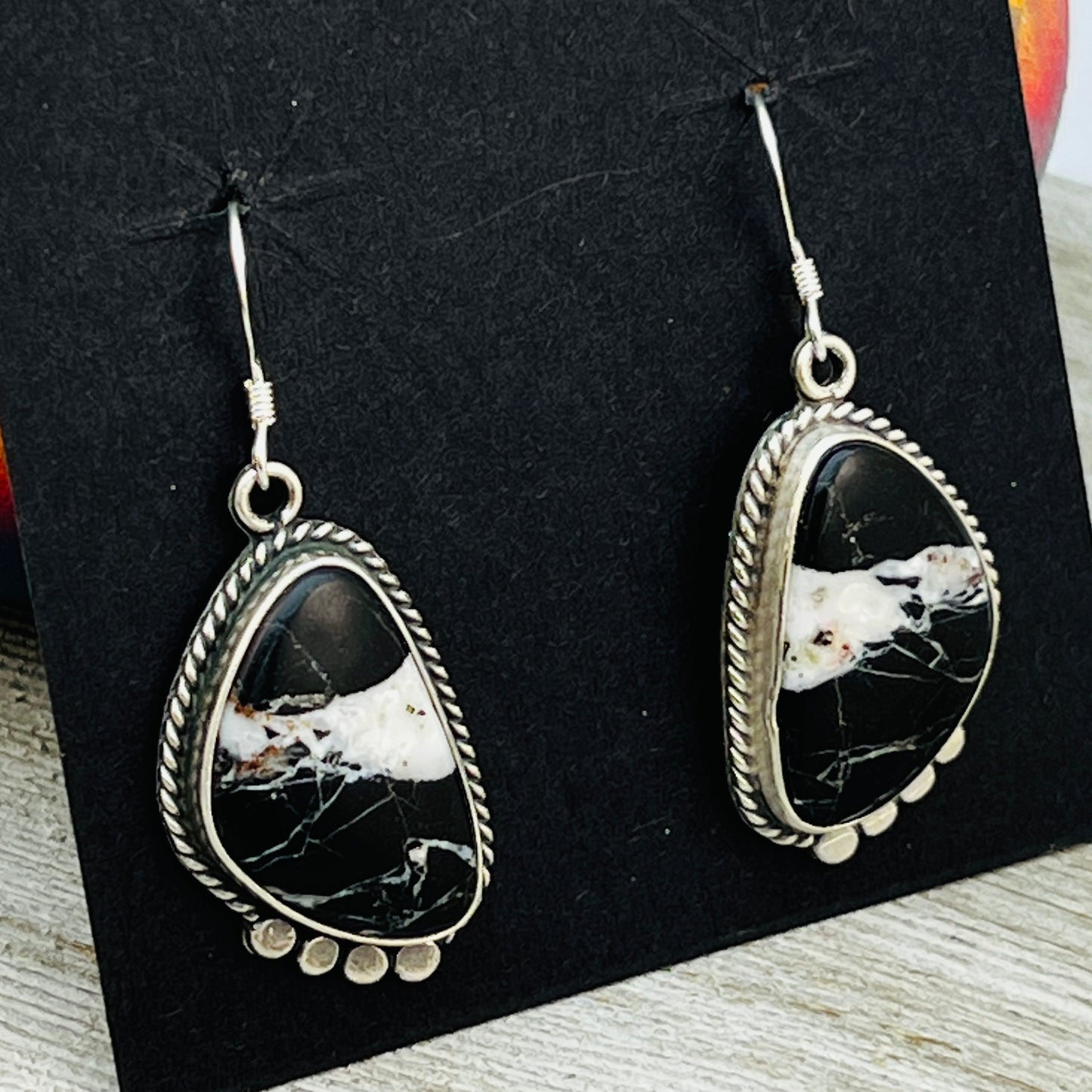 White Buffalo stone dangle earrings sterling silver Sharon McCarthy Navajo ER48