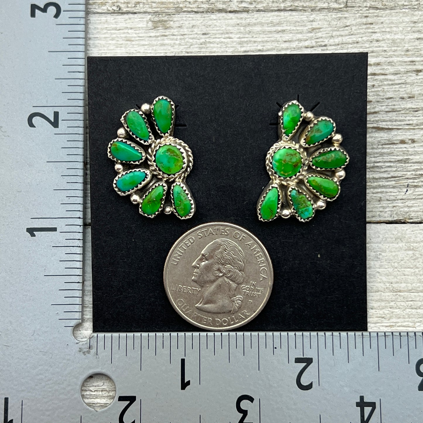 Bright Green Sonoran Gold turquoise Half Cluster earrings Justina Wilson Navajo 879