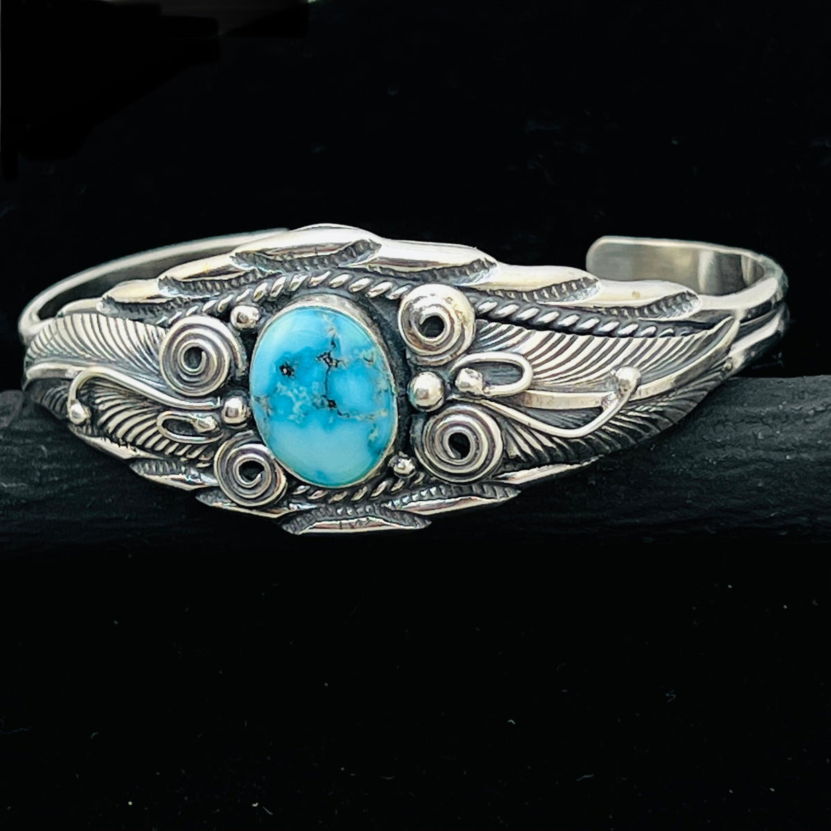 6 1/8" Stamped Navajo sterling silver Turquoise cuff bracelet Darrell Morgan BR76