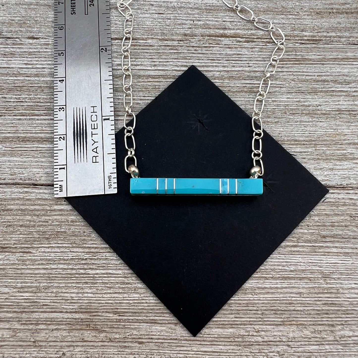 Blue Kingman Turquoise Bar Necklace 5, Zuni MaDerral Kallestewa sterling silver 18 1/2"