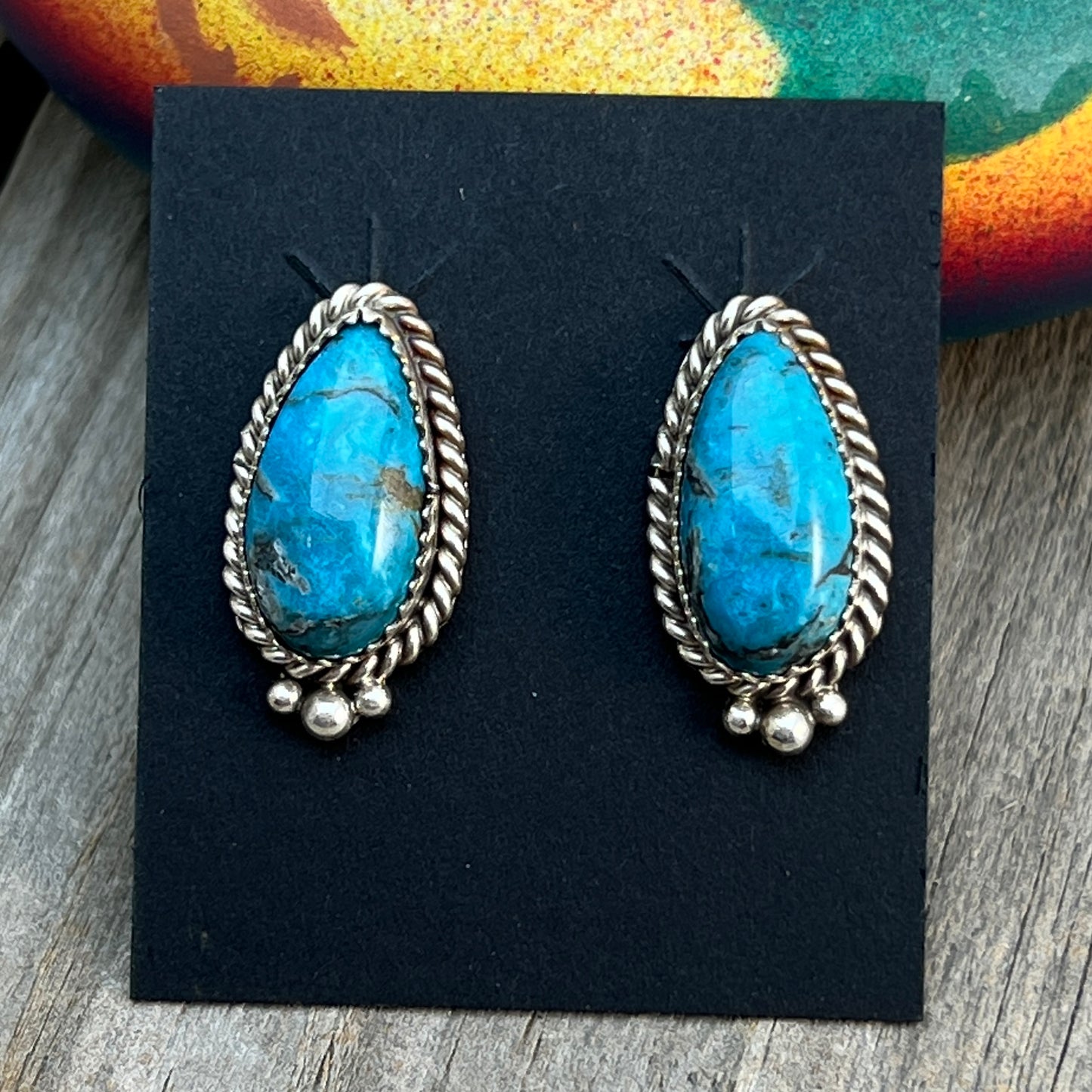 Blue Kingman Turquoise Teardrop stud earrings sterling silver Theresa Smith Navajo 716