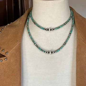 4mm Kingman Turquoise Heishi Necklace with Sterling silver Oxidized Pearls, Southwest Western Jewelry