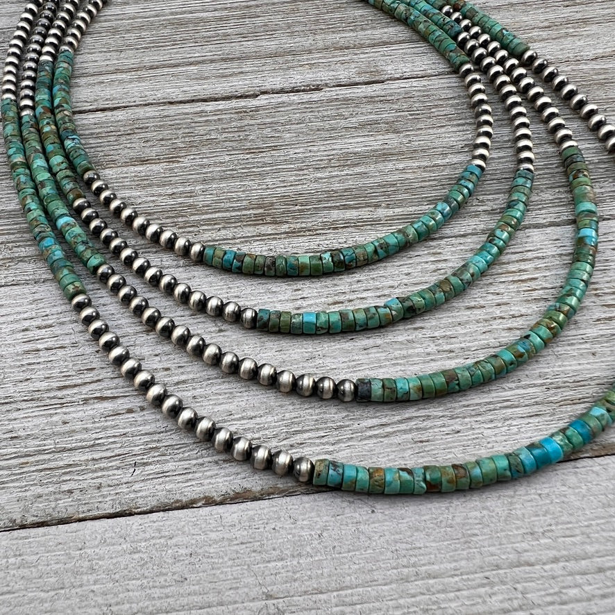 4mm Kingman Turquoise Heishi Necklace with Sterling silver Oxidized Pearls, Southwest Western Jewelry