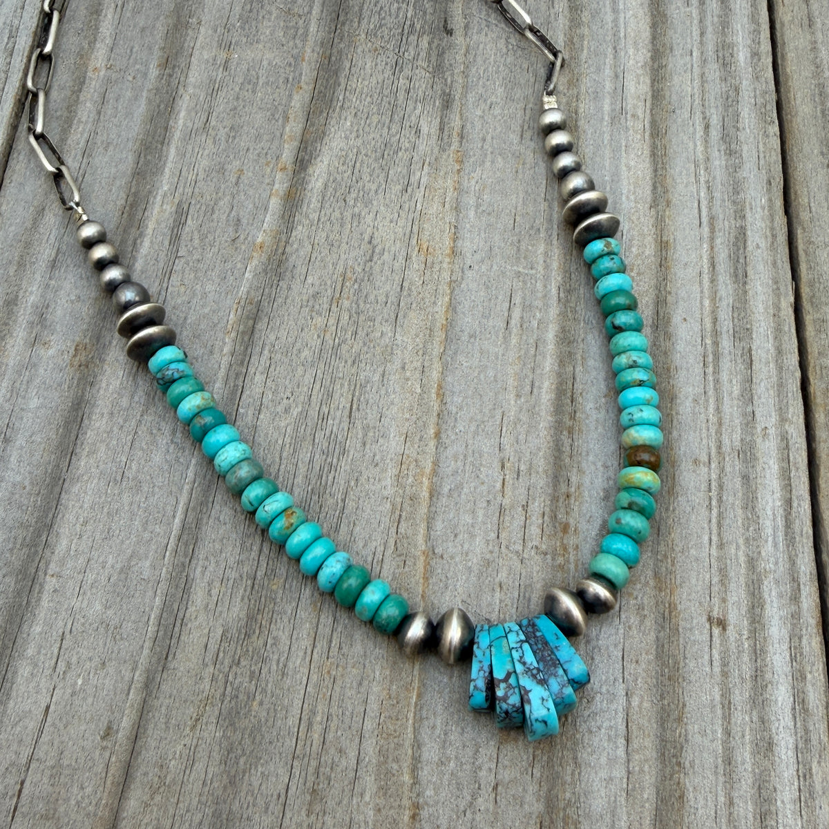 22" Kingman Turquoise Bead Necklace Sterling silver Navajo handmade paperclip Chain