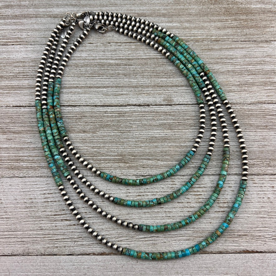 4mm Kingman Turquoise Heishi Necklace with Sterling silver Oxidized Pearls, Southwest Western Jewelry