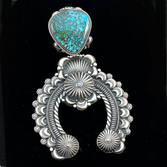 Outstanding High Grade Kingman spiderweb turquoise Naja Pendant, sterling silver Navajo Delbert Gordon