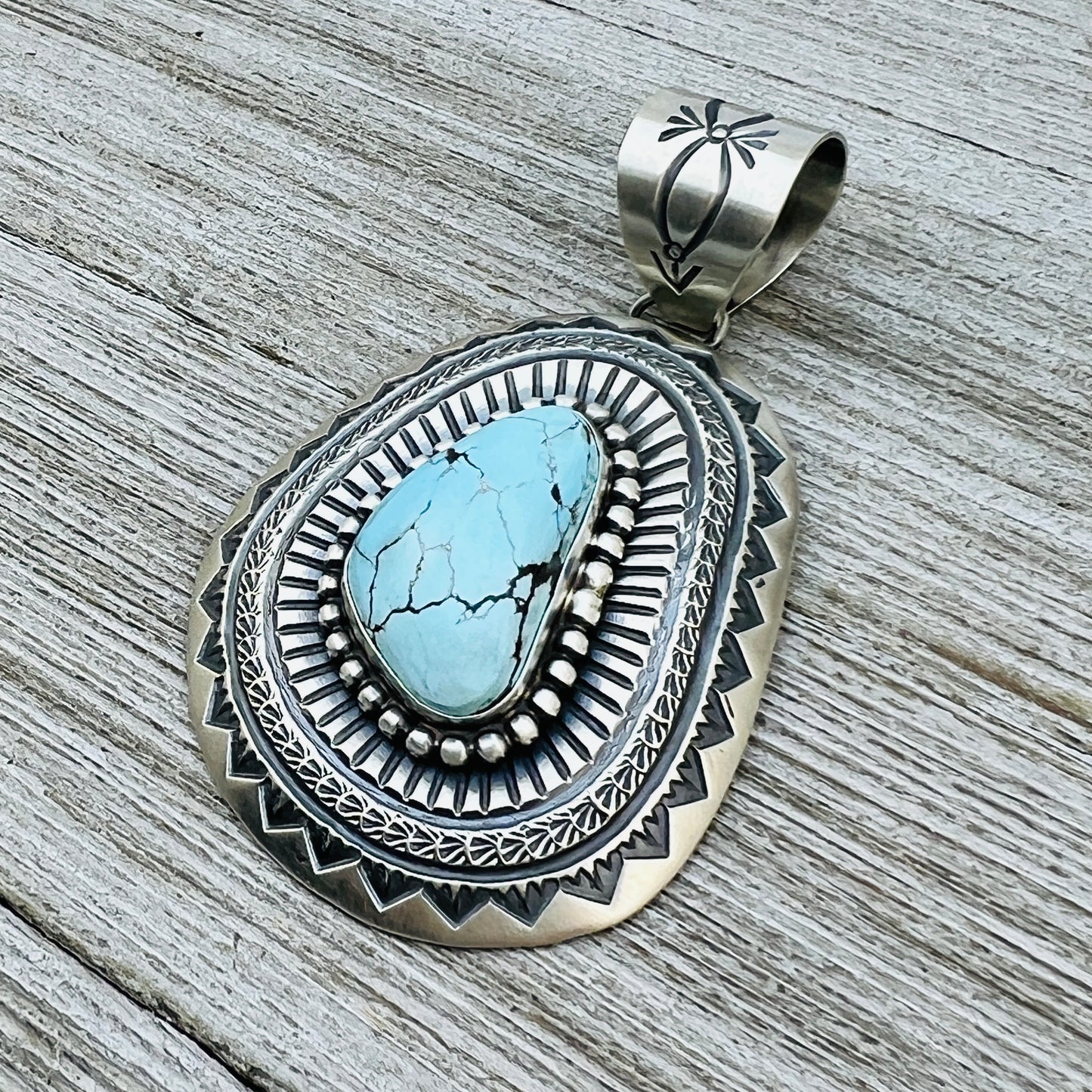 Natural Egyptian Turquoise Stamped concho pendant Arnold Blackgoat Sterling silver Navajo 851