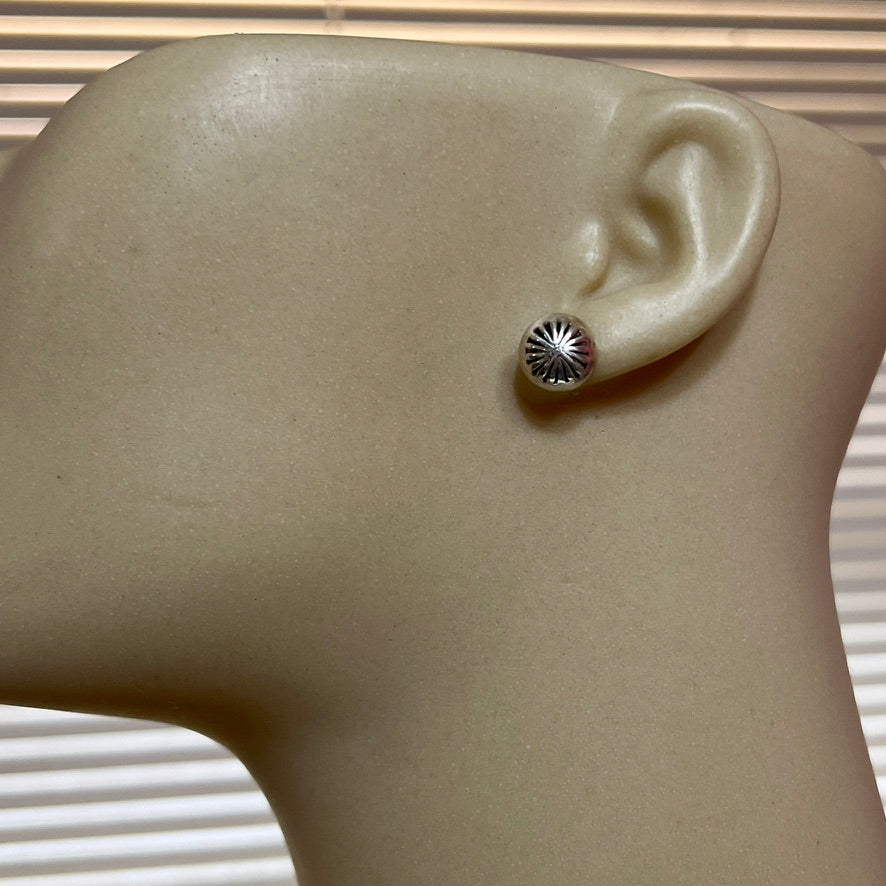 Small round concho button stud earrings, Navajo handmade sterling silver, Gloria Harvey