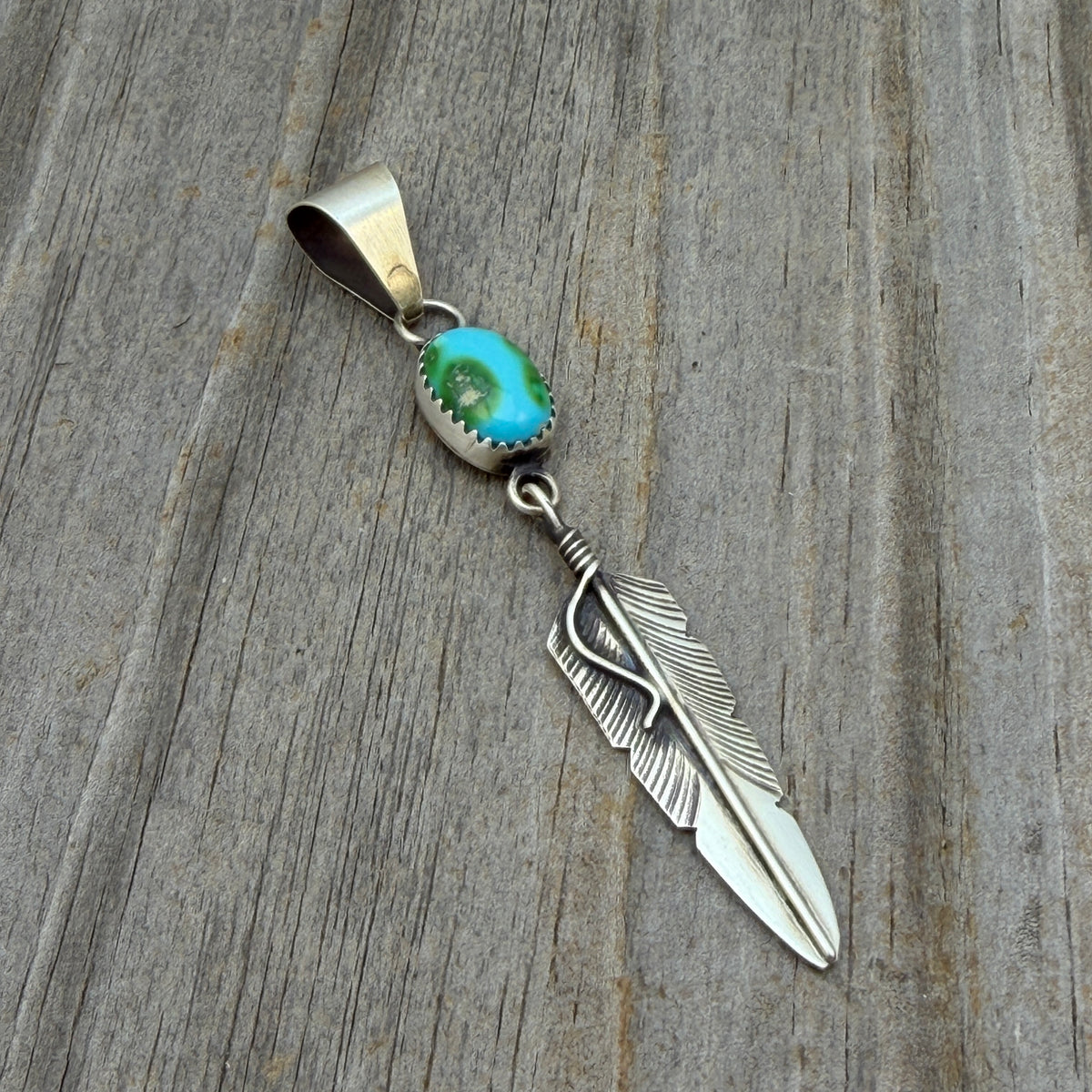 Sonoran Gold Turquoise sterling silver Feather Pendant Chris Charley Navajo PD3