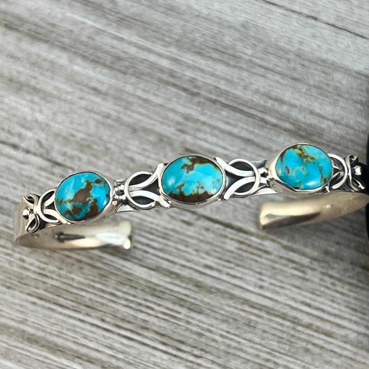 6 1/2" - 7" Kingman Turquoise narrow stacker cuff bracelet #2, Navajo handmade Thomas Yazzie, sterling silver artist signed