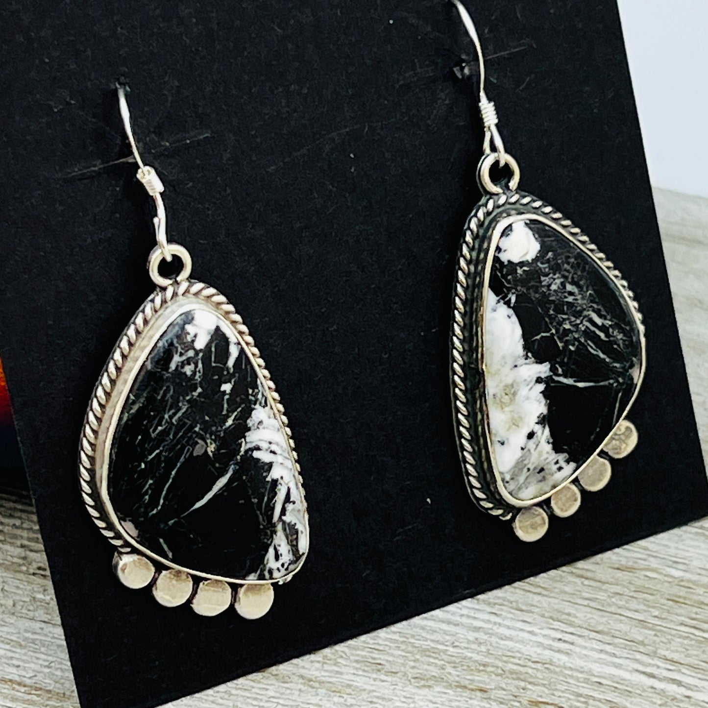 White Buffalo stone dangle earrings sterling silver Sharon McCarthy Navajo ER52
