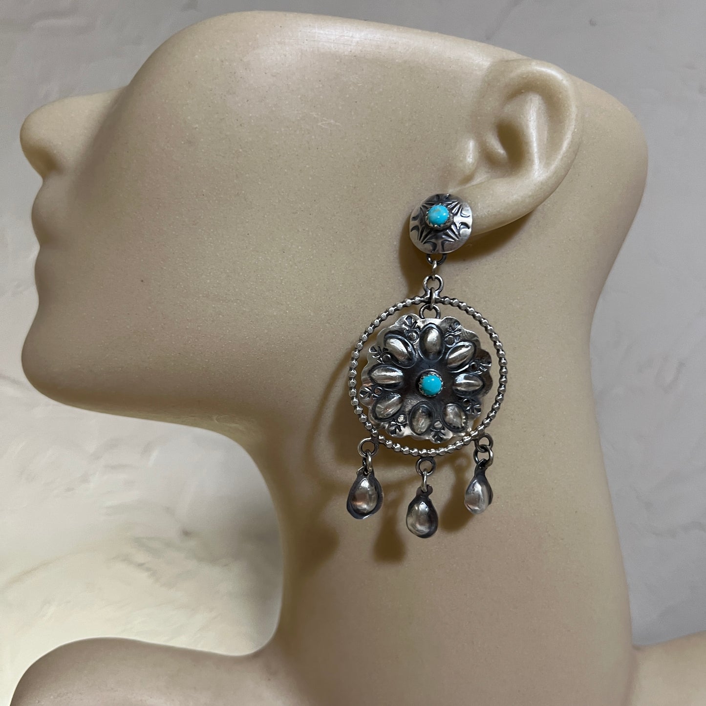 Long Dangle Concho earrings #1, sterling silver turquoise Gabrielle Yazzie signed