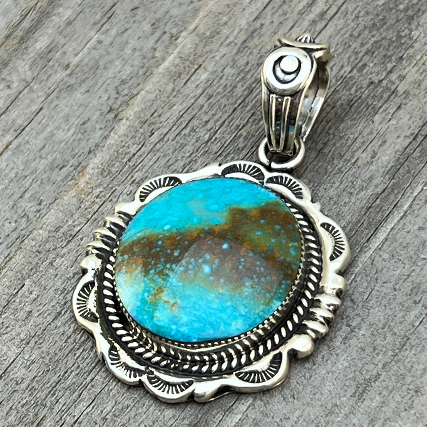 Kingman Turquoise Pendant Sterling silver Navajo handmade Jeremy Delgarito 759