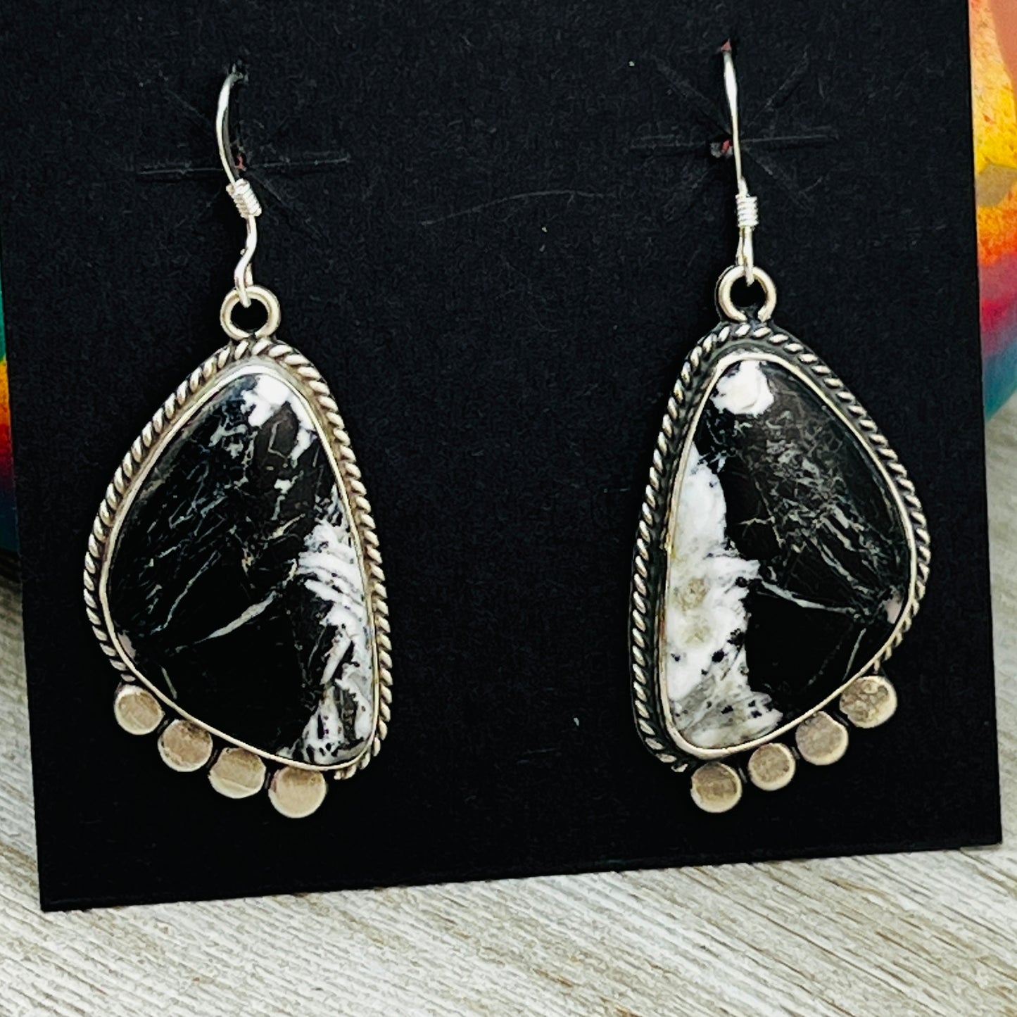 White Buffalo stone dangle earrings sterling silver Sharon McCarthy Navajo ER52