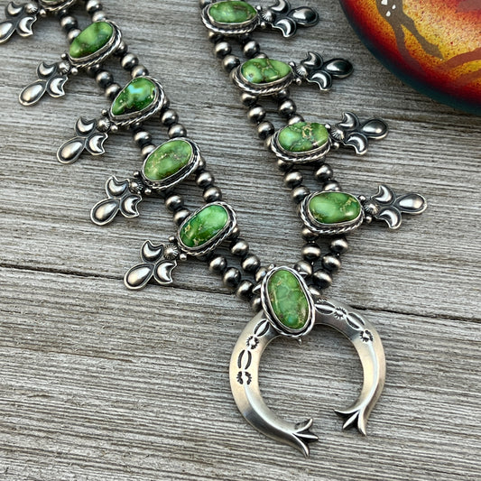 Green Sonoran Turquoise Small Squash Blossom Necklace, Paige Gordon Navajo earrings set