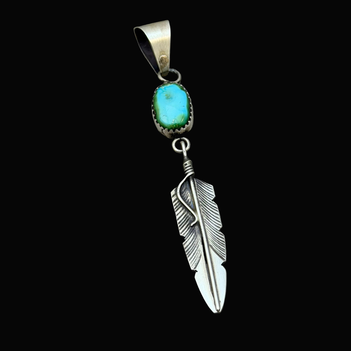 Blue Sonoran Turquoise sterling silver Feather Pendant Chris Charley Navajo PD6