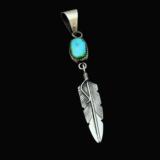 Blue Sonoran Turquoise sterling silver Feather Pendant Chris Charley Navajo PD6