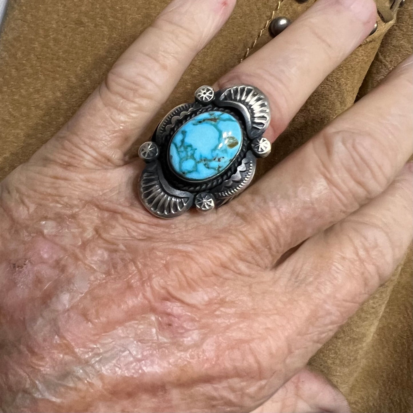 Size 7.5 / A Beautiful High Grade, Blue, Kingman spiderweb Turquoise ring, Heavy handmade by Navajo artist, Gilbert Tom, signed,