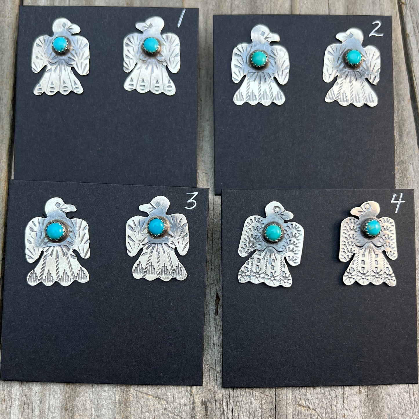 Turquoise thunderbird stud earrings oxidized Sterling silver Navajo Tim Yazzie 707