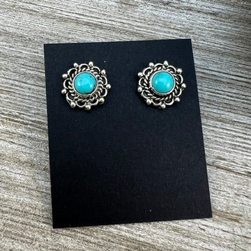 Small round real turquoise stud earrings, Navajo handmade sterling silver, Emery Spencer