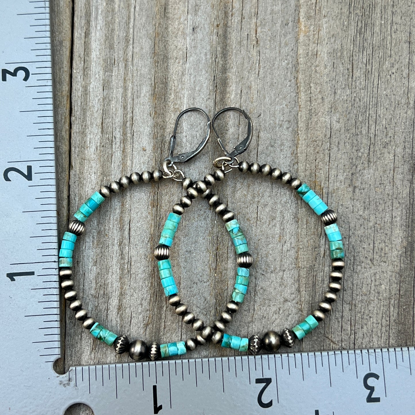 Blue Kingman Turquoise skinny hoop earrings Sterling silver Western pearls  804