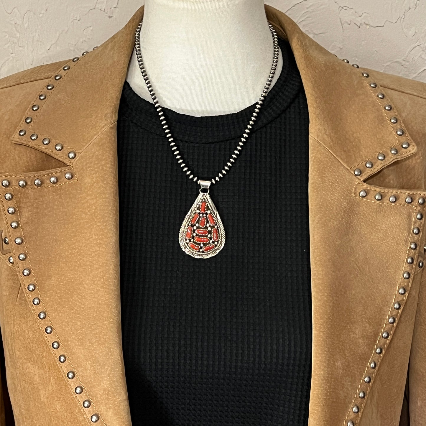 Mediterranean Red Coral Cluster Pendant Navajo handmade Marlene Jones Sterling Silver 1