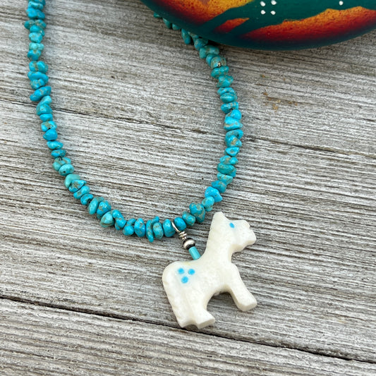 20" Blue Kingman Turquoise Nugget Necklace White Alabaster Carved Horse Zuni Etsate