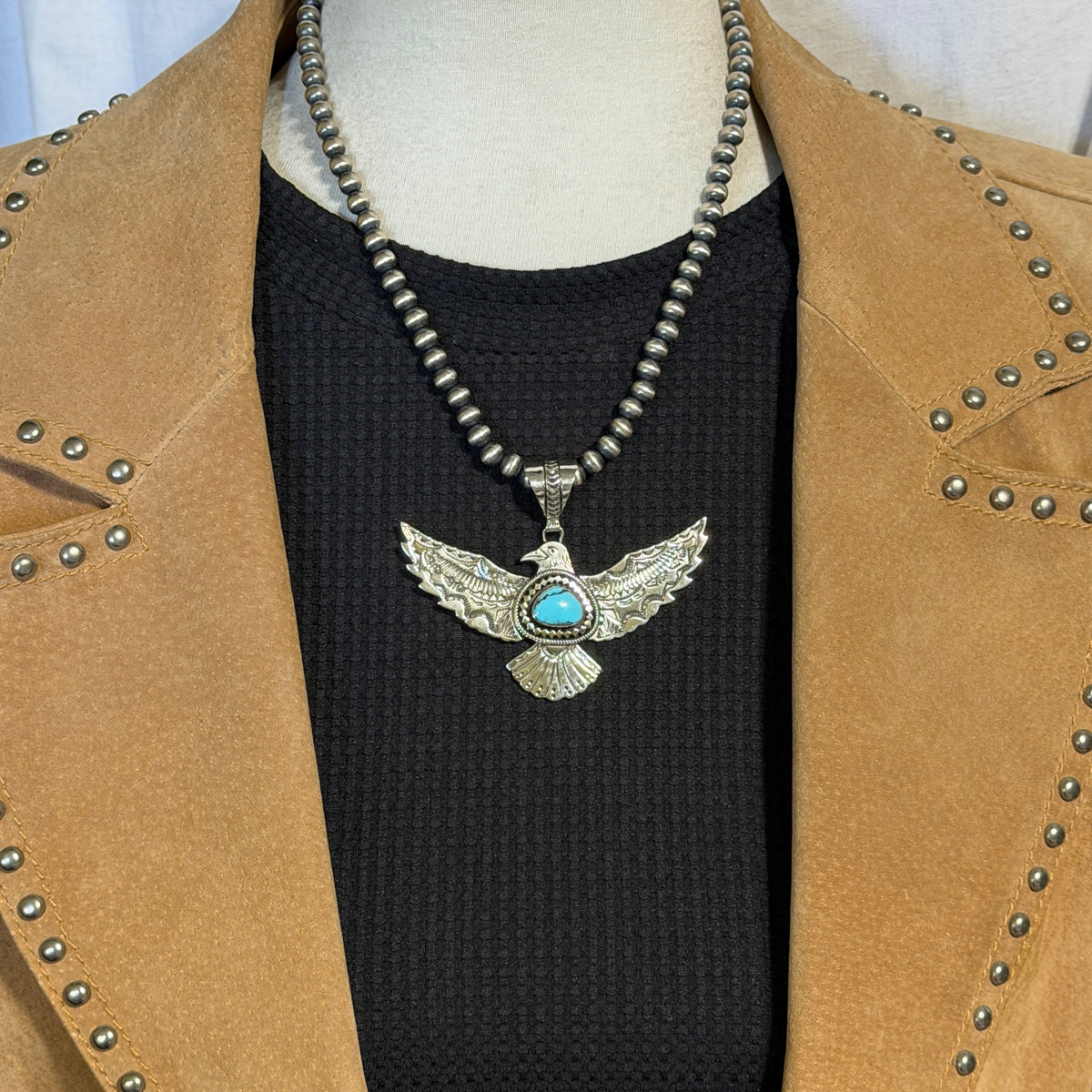 Turquoise Thunderbird Pendant hand stamped Jeremy Delgarito Navajo PD10