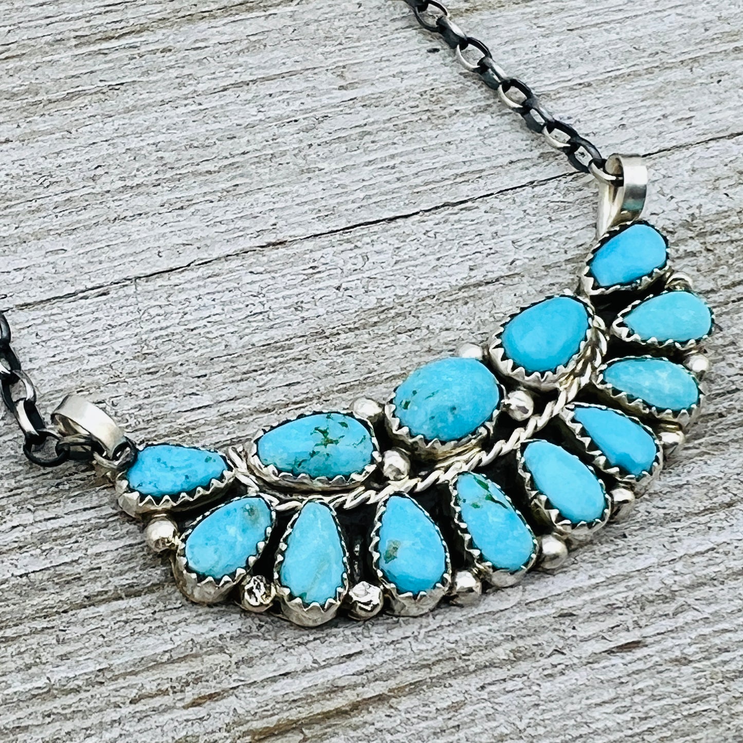 17 1/2" Turquoise Petit Point Cluster necklace Eunice Wilson Sterling silver