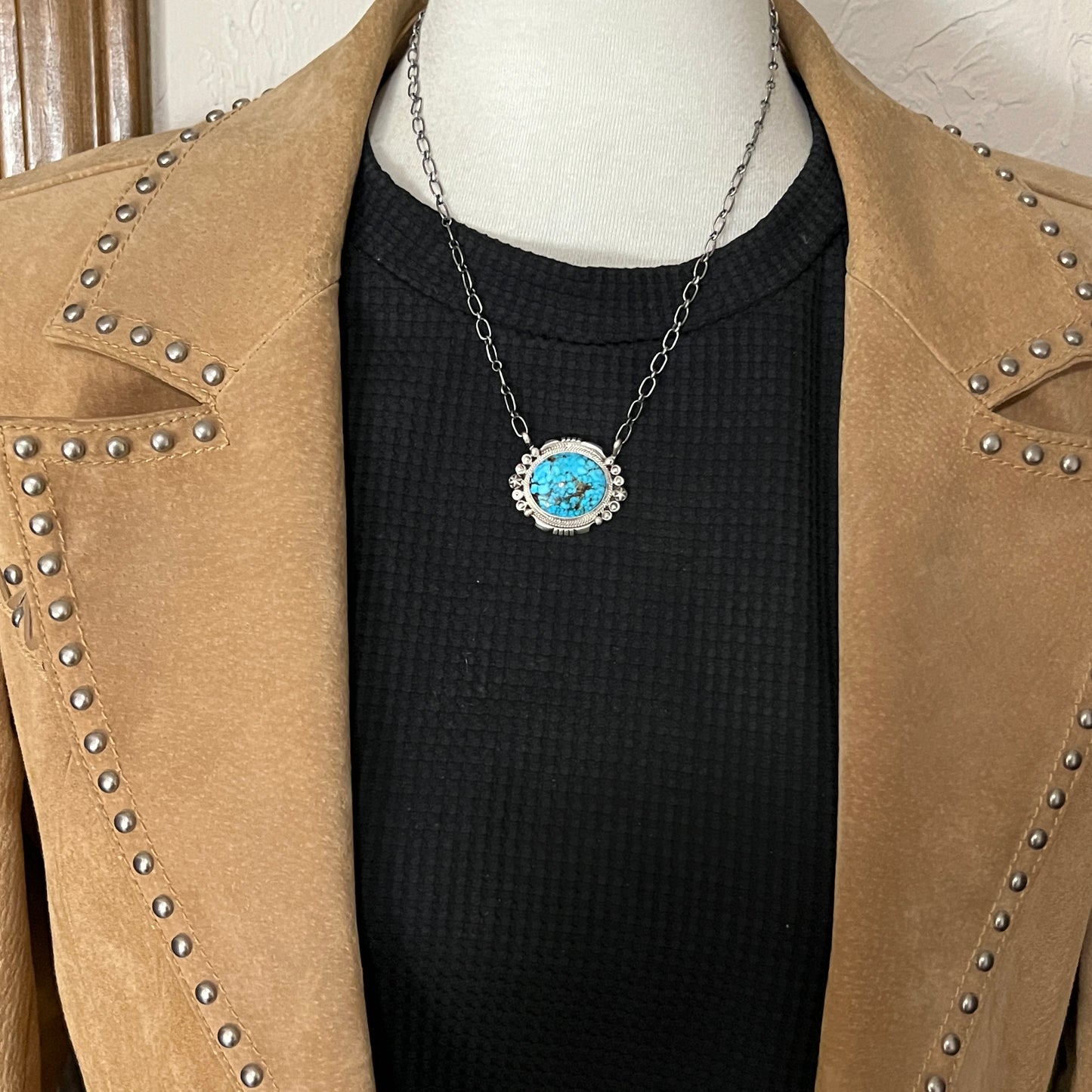 18" Kingman Spiderweb Turquoise Necklace Sterling silver Navajo Daniel Benally 606