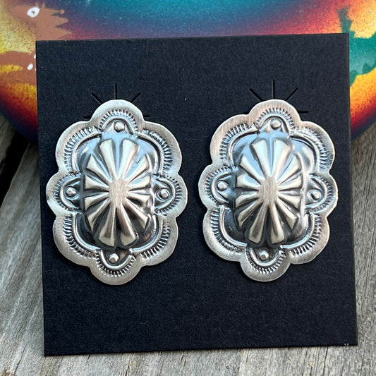Hand Stamped concho earrings sterling silver Lavina Benally Navajo 713