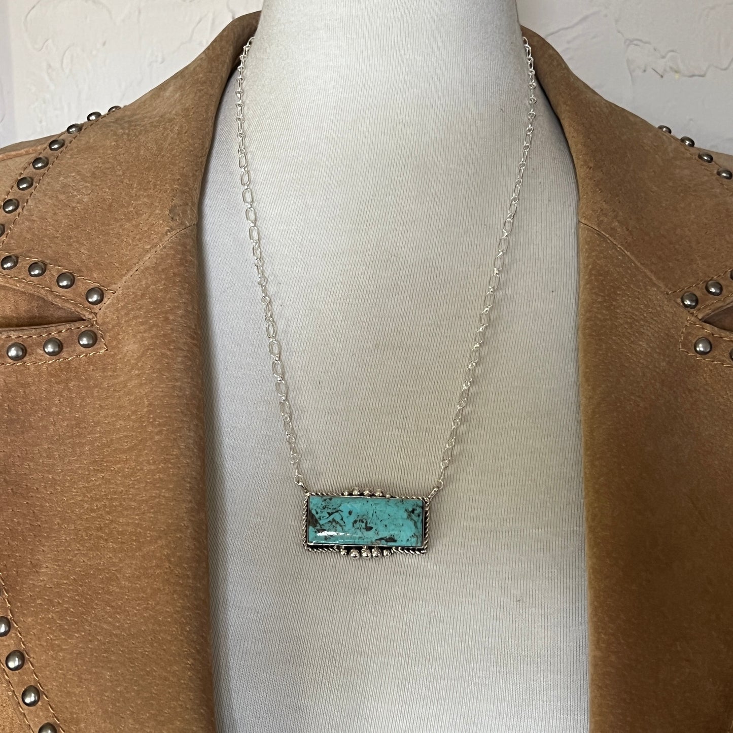 22" Light Blue Kingman turquoise rectangle bar necklace, #2 Navajo handmade Gilbert Smith, sterling silver