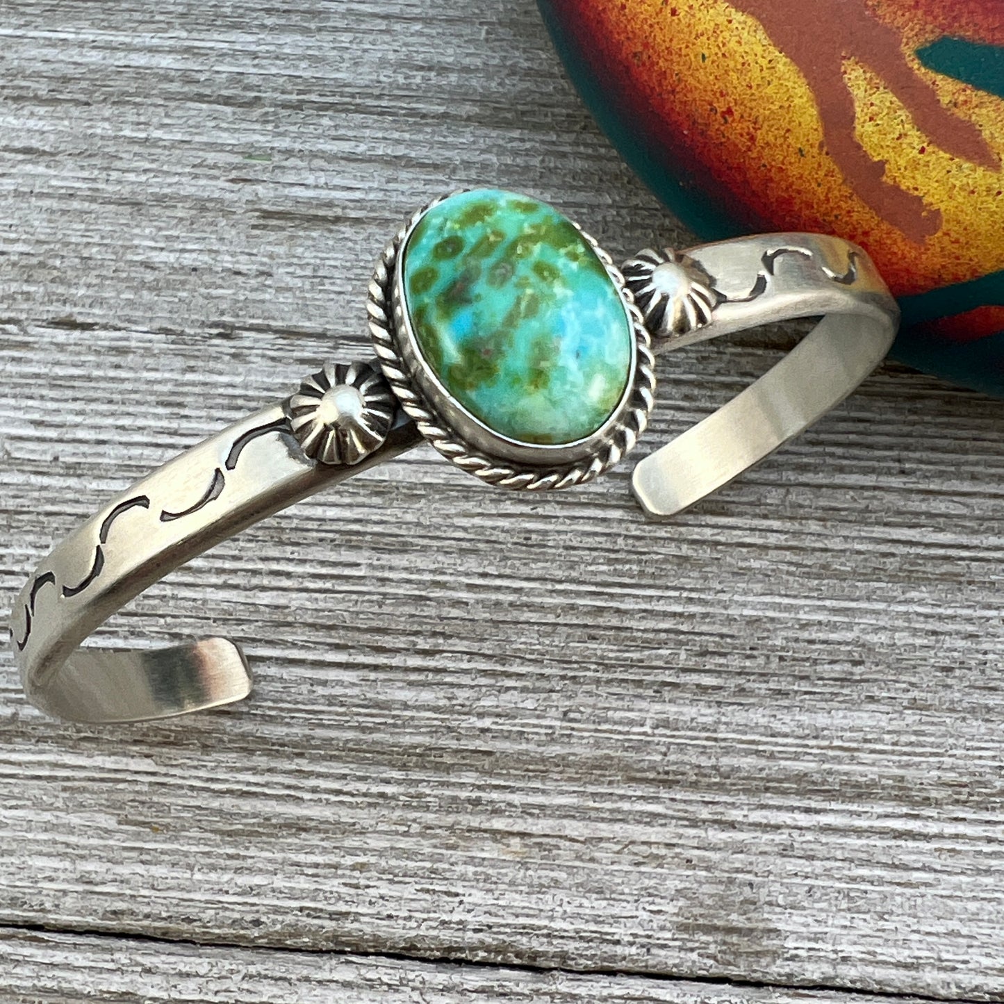 6 1/2" Green Sonoran Turquoise stacker Cuff bracelet 5, Sterling Silver Samuel Yellowhair BOHO