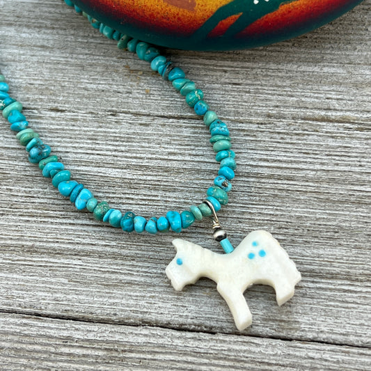 18" Blue Kingman Turquoise Nugget Necklace White Alabaster Carved Horse Zuni Etsate