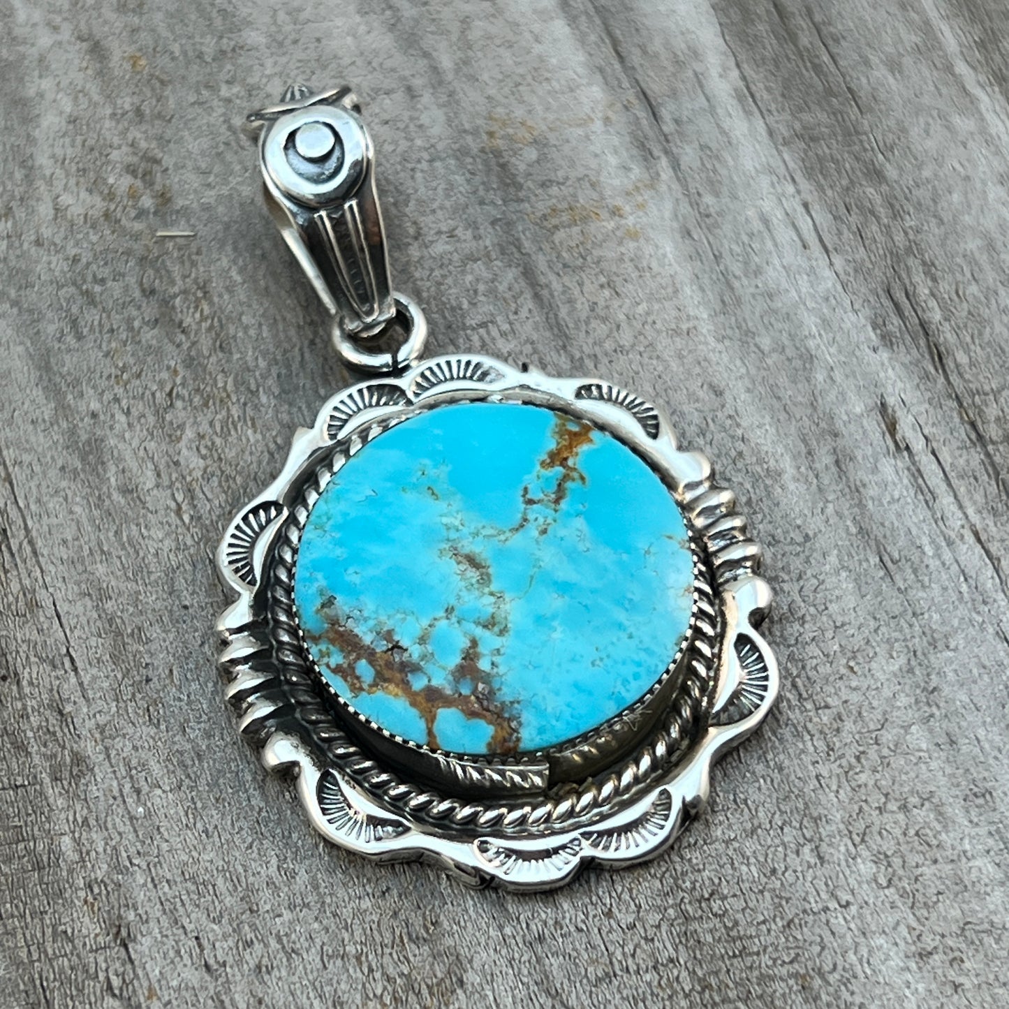 Kingman Turquoise Pendant Sterling silver Navajo handmade Jeremy Delgarito 552