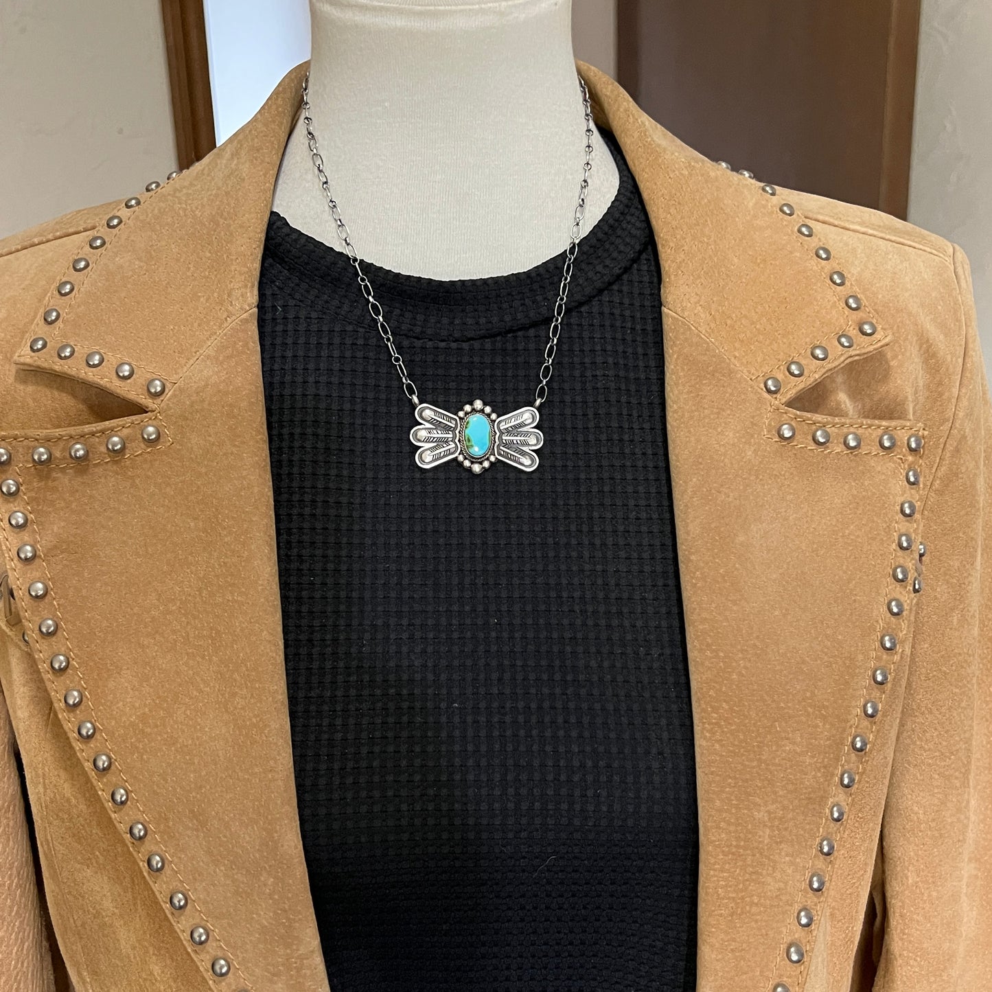 17 1/2"Sonoran Turquoise Necklace Feather sterling silver Navajo Verley Betone boho 9