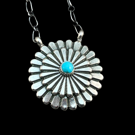 18" Turquoise Concho Necklace Sterling silver Navajo Sheldon Mariano 661