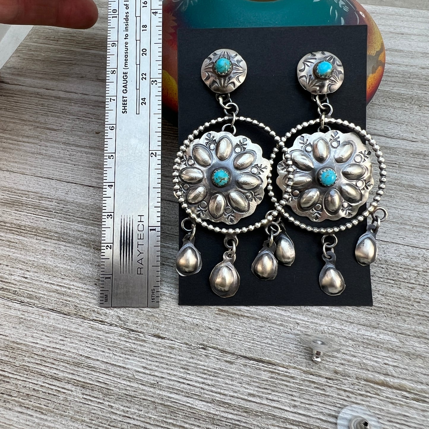 Long Dangle Concho earrings #2, sterling silver turquoise Gabrielle Yazzie signed